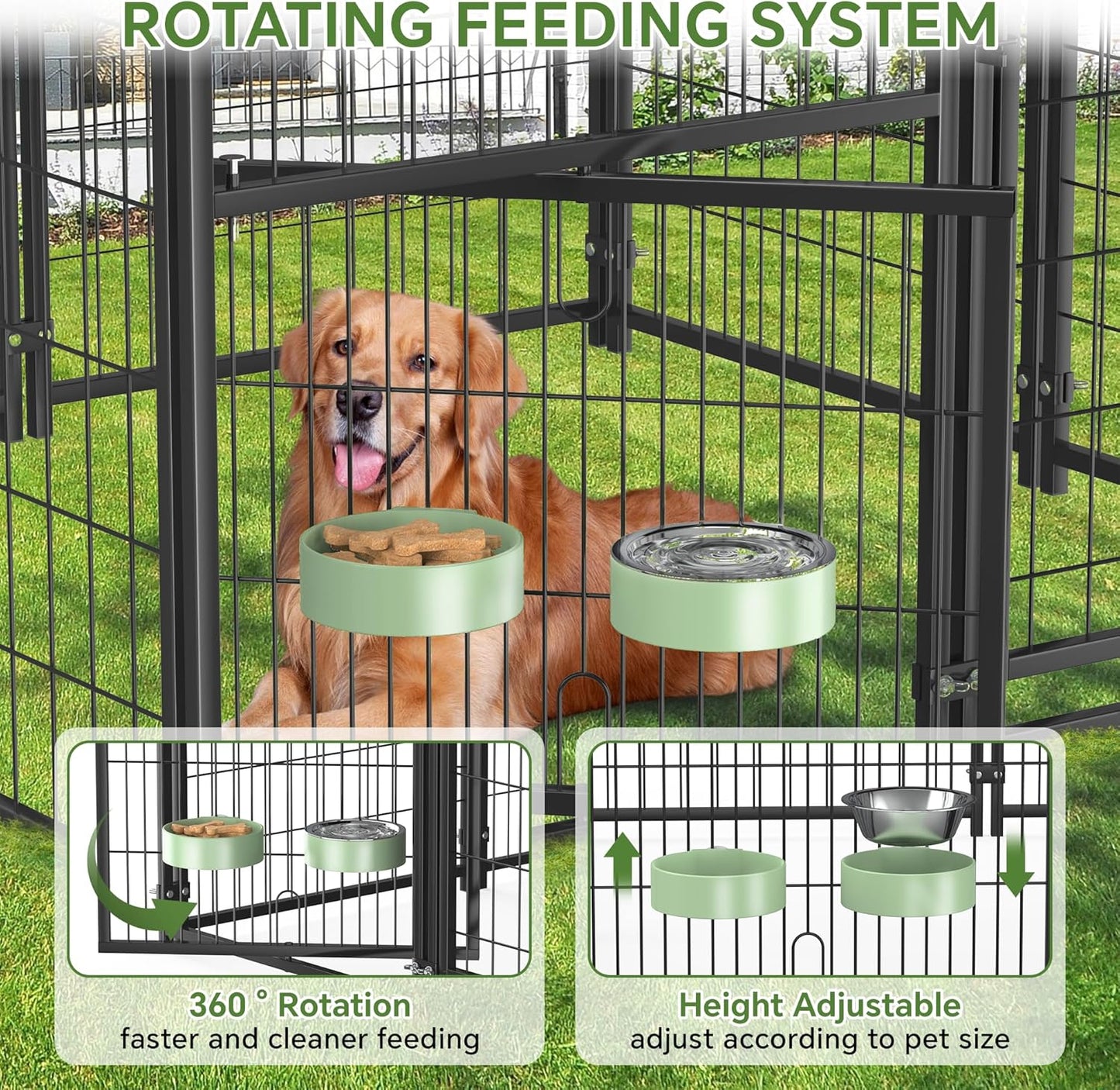Mr IRONSTONE Large Dog Kennel Outdoor with Water-Resistant Roof Heavy Duty Outside Dog Kennel Pet Pens Dogs Run Enclosure with Rotating Feeder and Secure Lock (4'L x 4'W x 4.4'H)