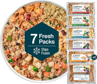 JustFoodForDogs Frozen Fresh Dog Food Sampler Human Grade Variety Box, Complete Meal or Topper, 18 oz (Pack of 7)
