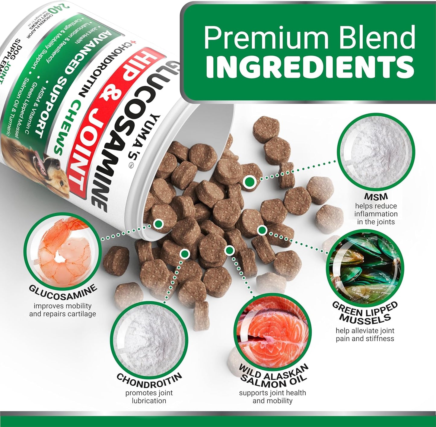 Glucosamine for Dogs - 240 Chews - Hip and Joint Supplement for Dogs - Advanced Glucosamine Chondroitin Treats with MSM - Joint Pain Relief - Large & Small Breed - Mobility Support - Made in USA