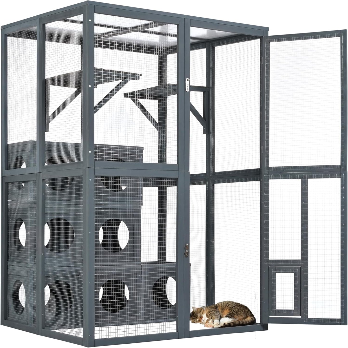 68.90" H Catio Outdoor Cat Enclosure Large, Tall Wooden Cat House with Weatherproof Roof, Cat Cage Playpen with 2 Multiple Platforms & 7 Removable Wood Boxes, for Cats, Grey