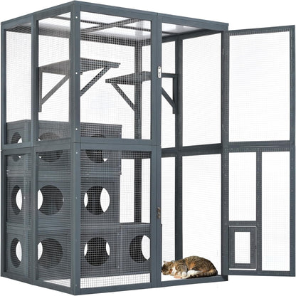 68.90" H Catio Outdoor Cat Enclosure Large, Tall Wooden Cat House with Weatherproof Roof, Cat Cage Playpen with 2 Multiple Platforms & 7 Removable Wood Boxes, for Cats, Grey