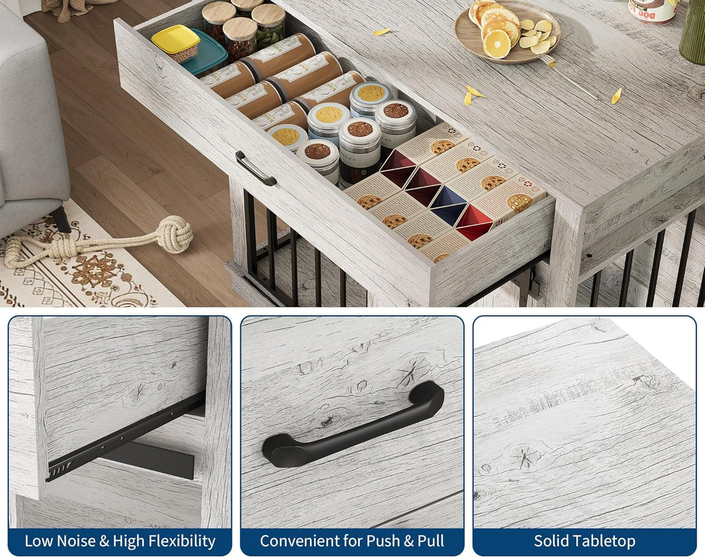 37.8" W Dog Crate Furniture for Small/Medium Dogs, 2-in-1 Iron-Wood Fusion Dog Cage Indoor As Side End Table, Farmhouse Dogs Kennel with Sliding Barn Doors & Storage Drawer, Grey