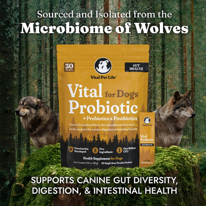 Vital Probiotics for Dogs - Wolf Microbiome, Daily Digestive Health, Dog Probiotics for Digestive Health, Powder Probiotic Supplement, Prebiotics & Postbiotics, Veterinarian Developed, 30 Packets