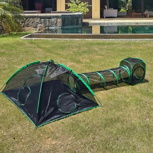 3-in-1 Outdoor Cat Enclosure, Portable Catio for Outside, Outdoor Cat Tent with 2 Tents and 1 Straight Tunnel, Green Enclosed Playpen for Kitty and Other Small Animals, Support Expansion