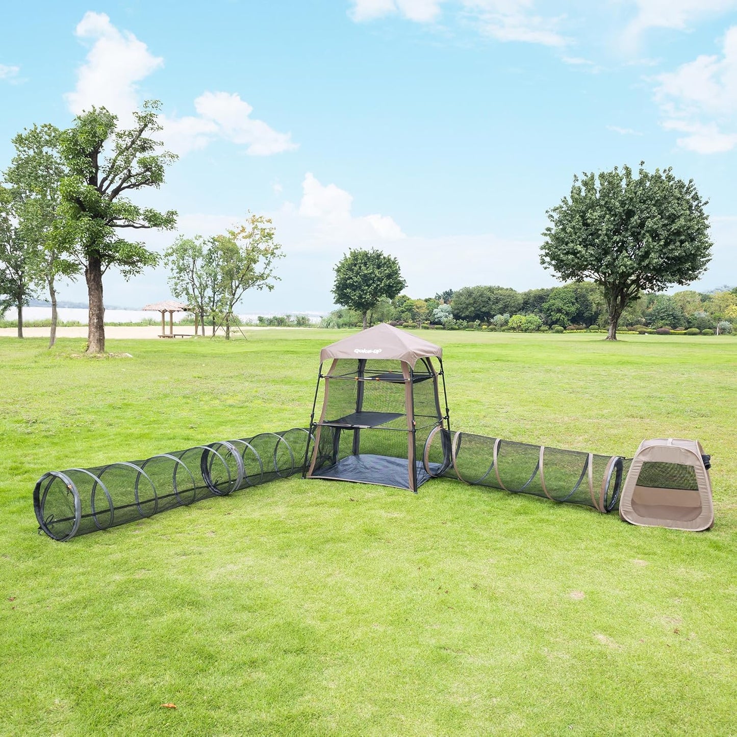 Catio Outdoor Cat Enclosure Combo for Indoor and Outdoor,3 Tier Cage Inside, Pop up Catio,Portable and Foldable(Includes one cat Tower Tent,one Tunnel and a cage) + cat Tunnel(2 Packs)