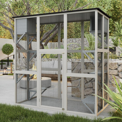 Catio Outdoor Cat Enclosure, Large Walk in Cat House for Outdoor Cats Kitten Enclosure with Weatherproof Asphalt Roof,Cat Cages with 6 Platforms & 2 Napping Boxes, 70.9",Grey