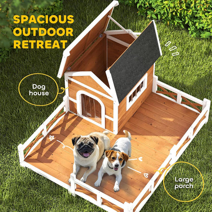 PawHut Outdoor Dog House, 56" Wooden Dog House with Large Porch, Weatherproof & Openable Roof, Elevated Base, Removable Floor, Outside Shelter for Small to Medium Breeds, 47" × 56" × 31.5"