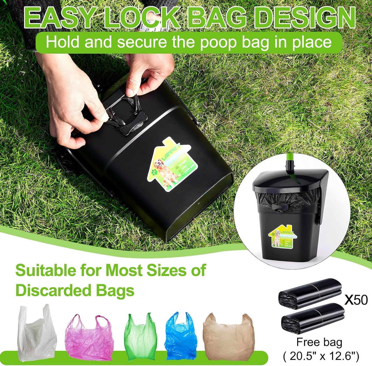 LANNEY Pooper Scooper - 38" Long Adjustable Metal Handle Dog Pooper Scooper Swivel Bin & Rake & Spade with 50 Bags Attachment, Portable Heavy Duty Dog Poop Scooper for Yard Dogs Large Medium Small