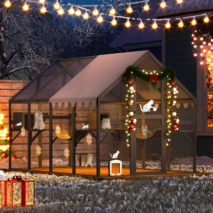 COZIWOW 110" Large Catio Outdoor Cat Enclosure, 53.5ft² Cat Run for Multiple Pets with Fully-Coverd Roof, Window Walk-in Wooden Outside Cattery Feral Kitty House (Modern Grey)