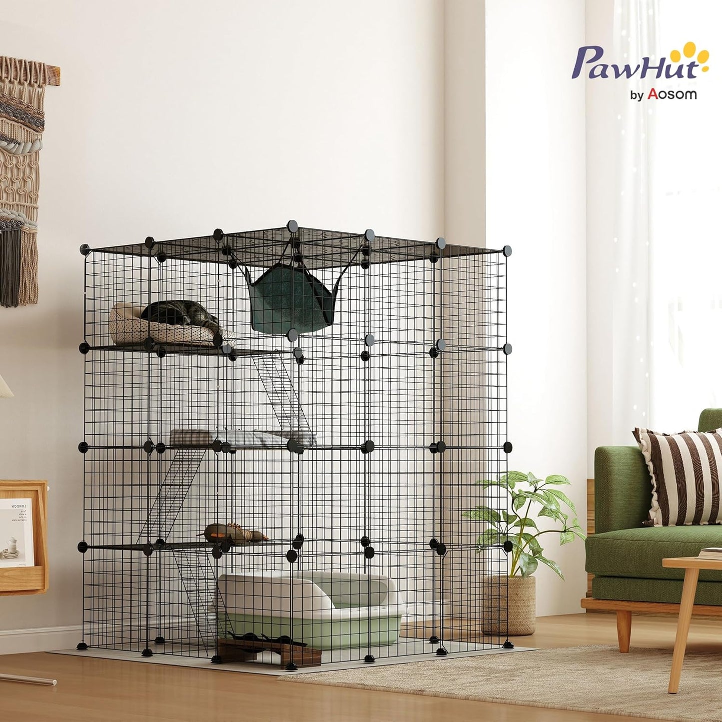 PawHut Cat Cage Indoor, DIY 4 Tier Cat Enclosure with Hammock, 3 x 3 x 4 Detachable Wire Cat Kennel with Ramps, Jumping Platforms, Doors, for 1-3 Cats, 41" L x 41" W x 55" H, Black