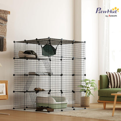 PawHut Cat Cage Indoor, DIY 4 Tier Cat Enclosure with Hammock, 3 x 3 x 4 Detachable Wire Cat Kennel with Ramps, Jumping Platforms, Doors, for 1-3 Cats, 41" L x 41" W x 55" H, Black
