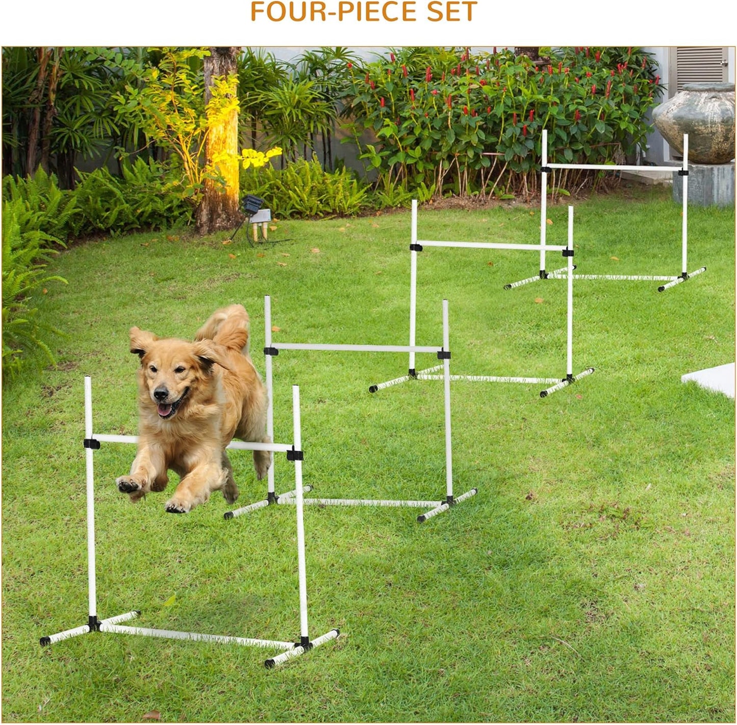 PawHut 4 Piece Dog Agility Training Equipment for Dog Agility Course with Adjustable Height Jump Bars, Included Carry Bag, & Displacing Top Bar, White