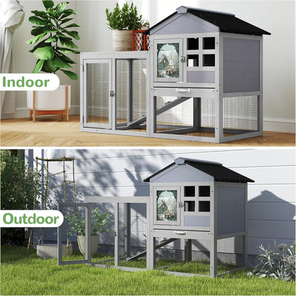 48" L Large Rabbit Hutch Outdoor Indoor, Expandable 2-Story Wooden Bunny Cage with Run, Removale Tray, 3 Entrances, Grey + Colorful Pattern