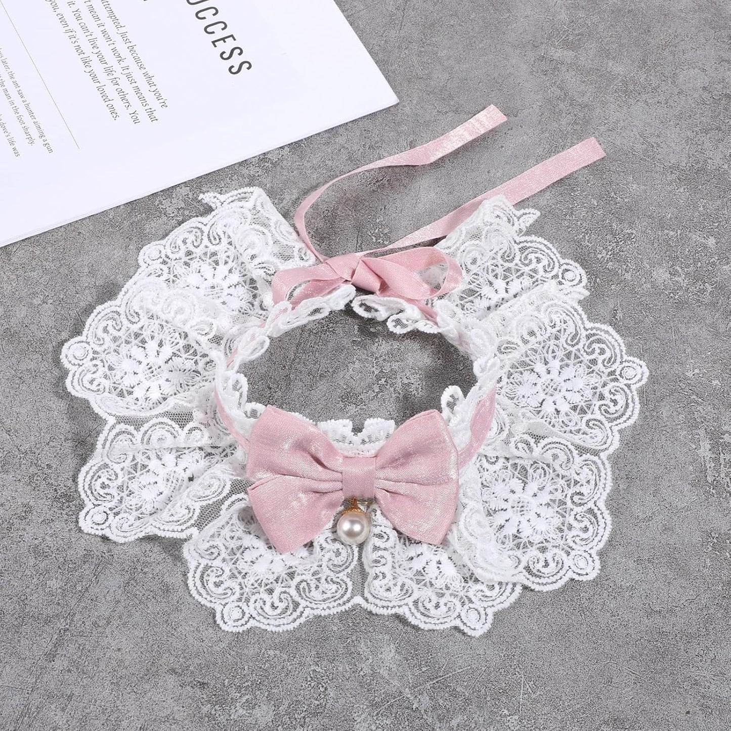 Breakaway Cat Bow Collar, Floral Cute Kitten Collar, Adjustable Safety Ties with Pearl Bell, Elegant Lace Necklace for Indoor Girl Cats, Dogs, Pets (Pink)