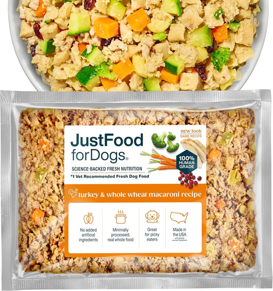 JustFoodForDogs Frozen Fresh Dog Food, Complete Meal or Topper, Turkey & Whole Wheat Macaroni Human Grade Recipe, 18 oz (Pack of 7)