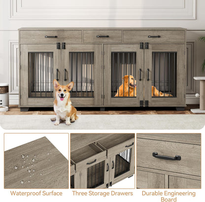 XXL Wooden Double Dog Crate Furniture for 2 Large or Medium Dogs – Indoor Kennel with 3 Drawers, Removable Divider, Double Doors, TV Stand & End Table, Classic Oak (Grey)