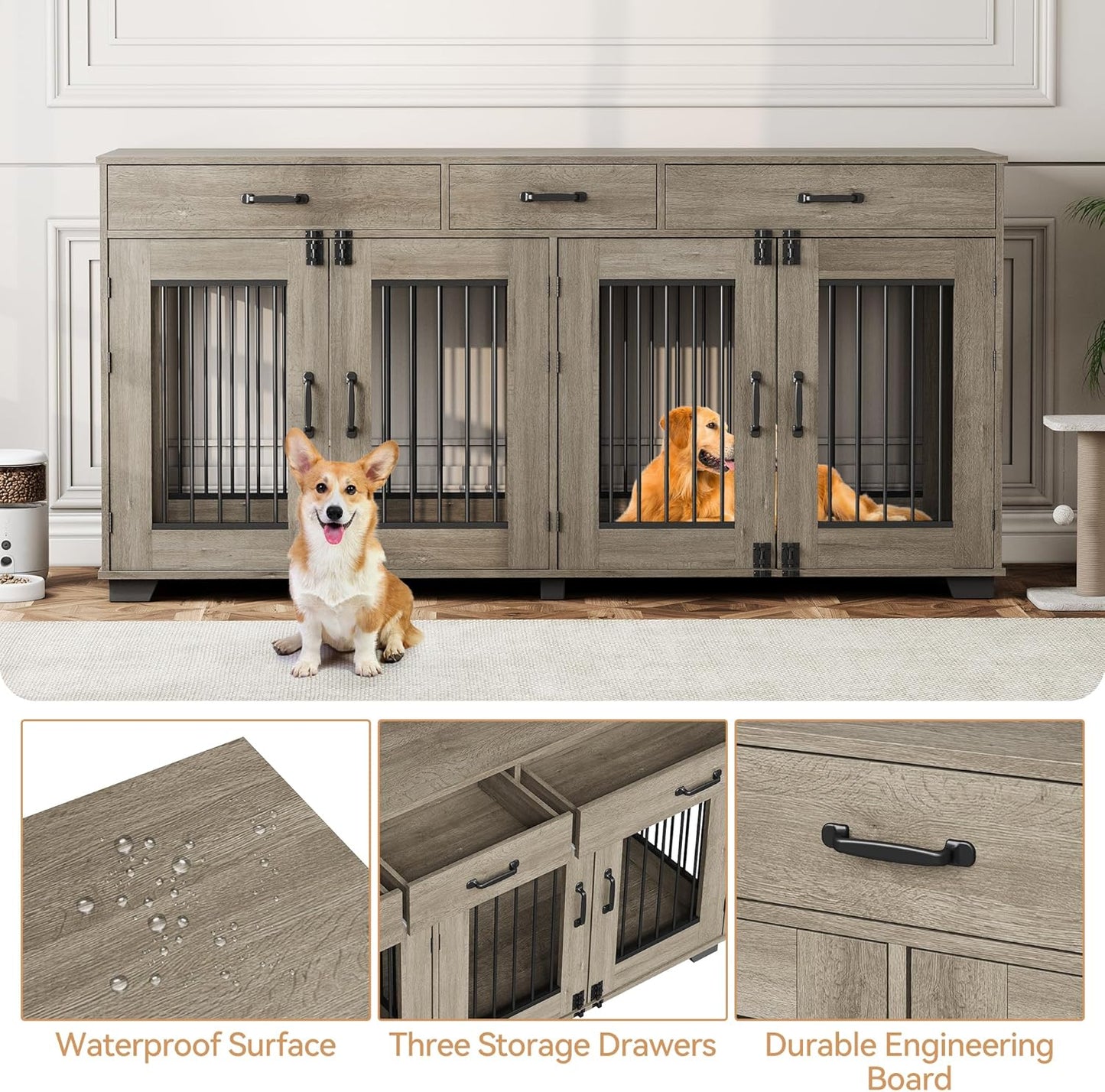 XXL Wooden Double Dog Crate Furniture for 2 Large or Medium Dogs – Indoor Kennel with 3 Drawers, Removable Divider, Double Doors, TV Stand & End Table, Classic Oak (Grey)