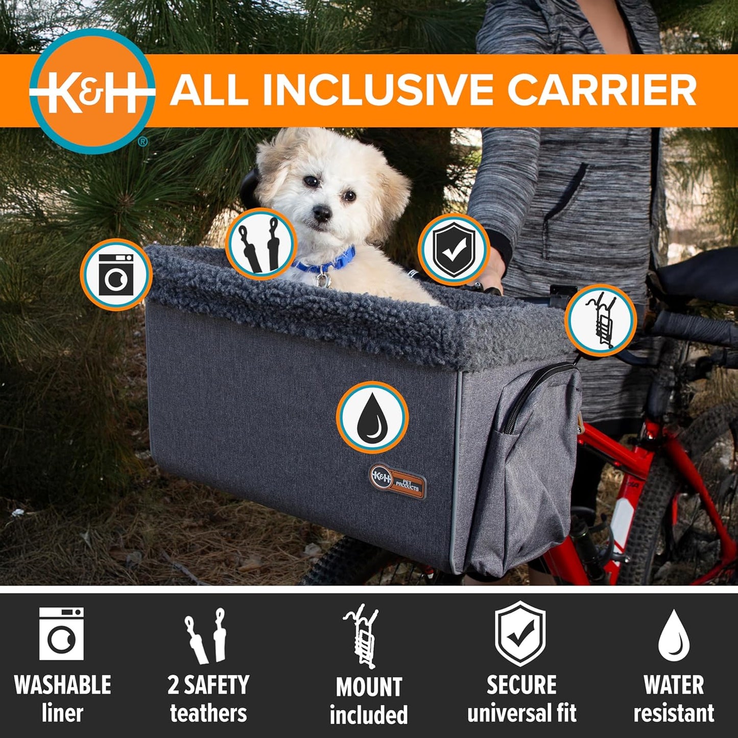 K&H Pet Products Bike Basket Front Dog Carrier, Universal Fit Cat Dog Pet Bike Basket with Front Bicycle Mount Included, Washable Liner, Strong Metal Basket, 2 Safety Leashes - Large 16 X 12 X 10in