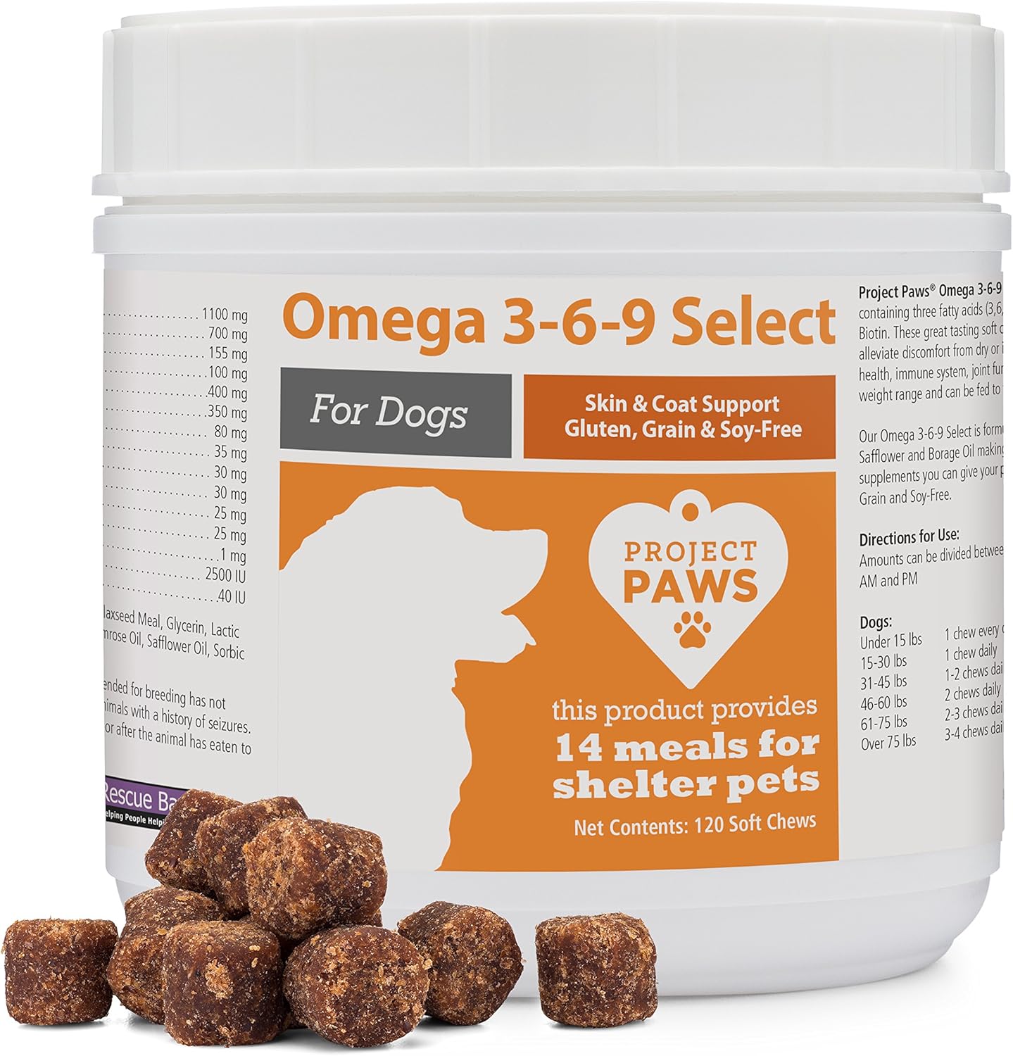 Project Paws Omega 3-6-9 Select Fish Oil for Dogs - Krill Oil Skin and Coat Supplement - 120 Count