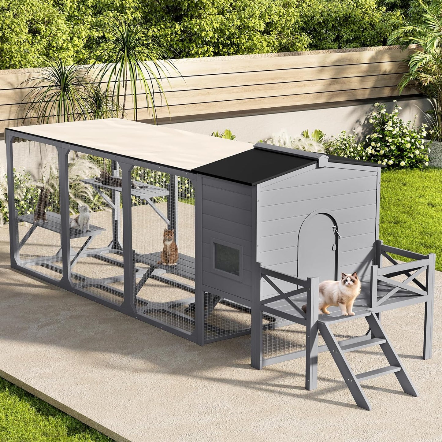 77.25" Large Cat Catio 4 Tiers Cat Enclosure for Outdoor, Cat House with Weatherproof Roof, Platforms,Resting Rooms and Doors for Multiple Cats, Gray
