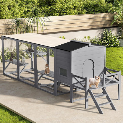 77.25" Large Cat Catio 4 Tiers Cat Enclosure for Outdoor, Cat House with Weatherproof Roof, Platforms,Resting Rooms and Doors for Multiple Cats, Gray