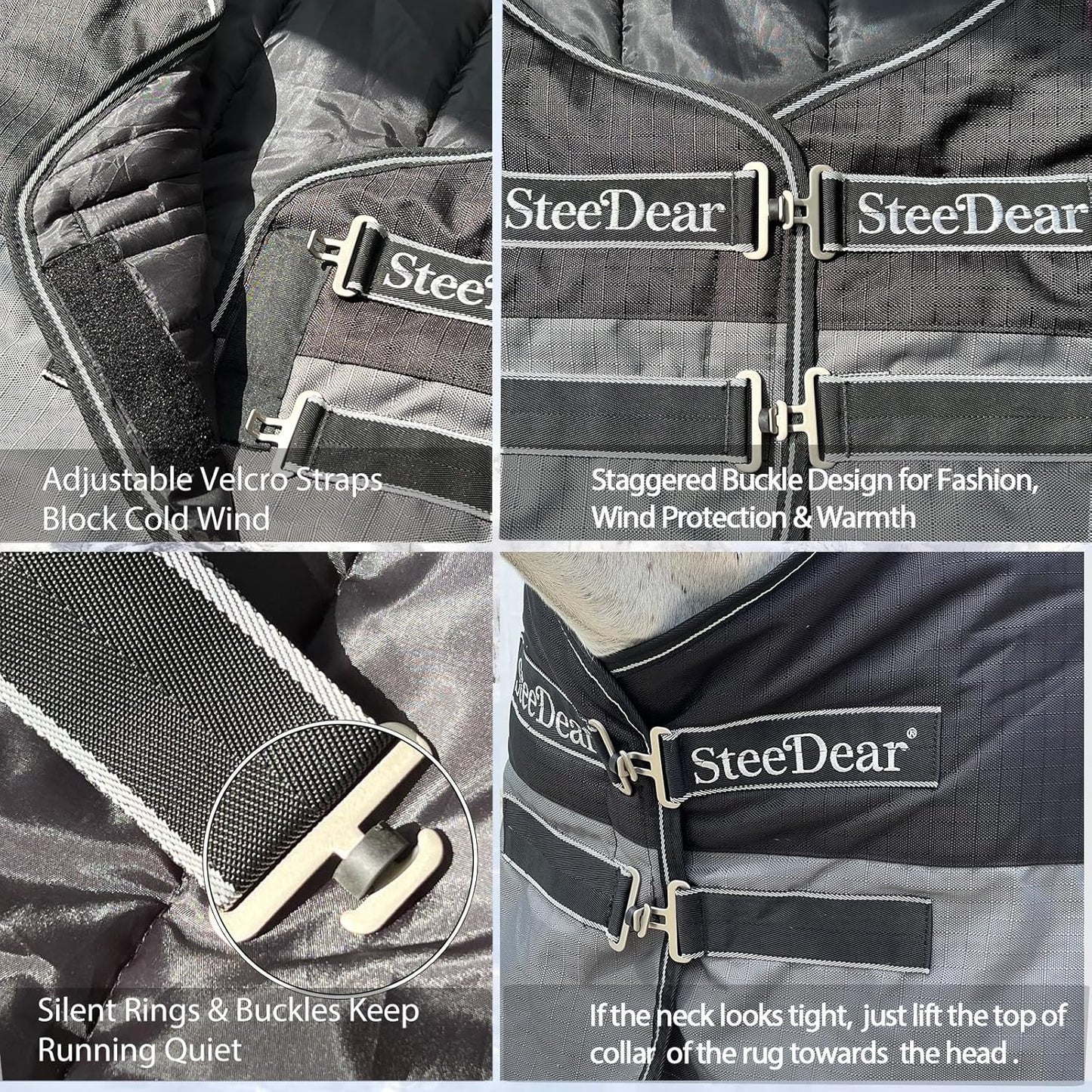 300g Fill 1200D Mid-Heavy Weight Winter Waterproof and Breathable Horse Blanket Belly Straps| Turnout Blankets with Reflective Strips (Black/Gray, 66'')