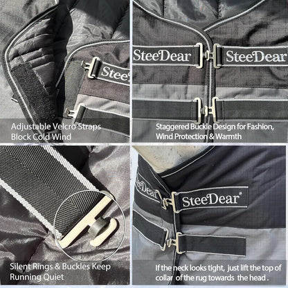 300g Fill 1200D Mid-Heavy Weight Winter Waterproof and Breathable Horse Blanket Belly Straps| Turnout Blankets with Reflective Strips (Black/Gray, 66'')