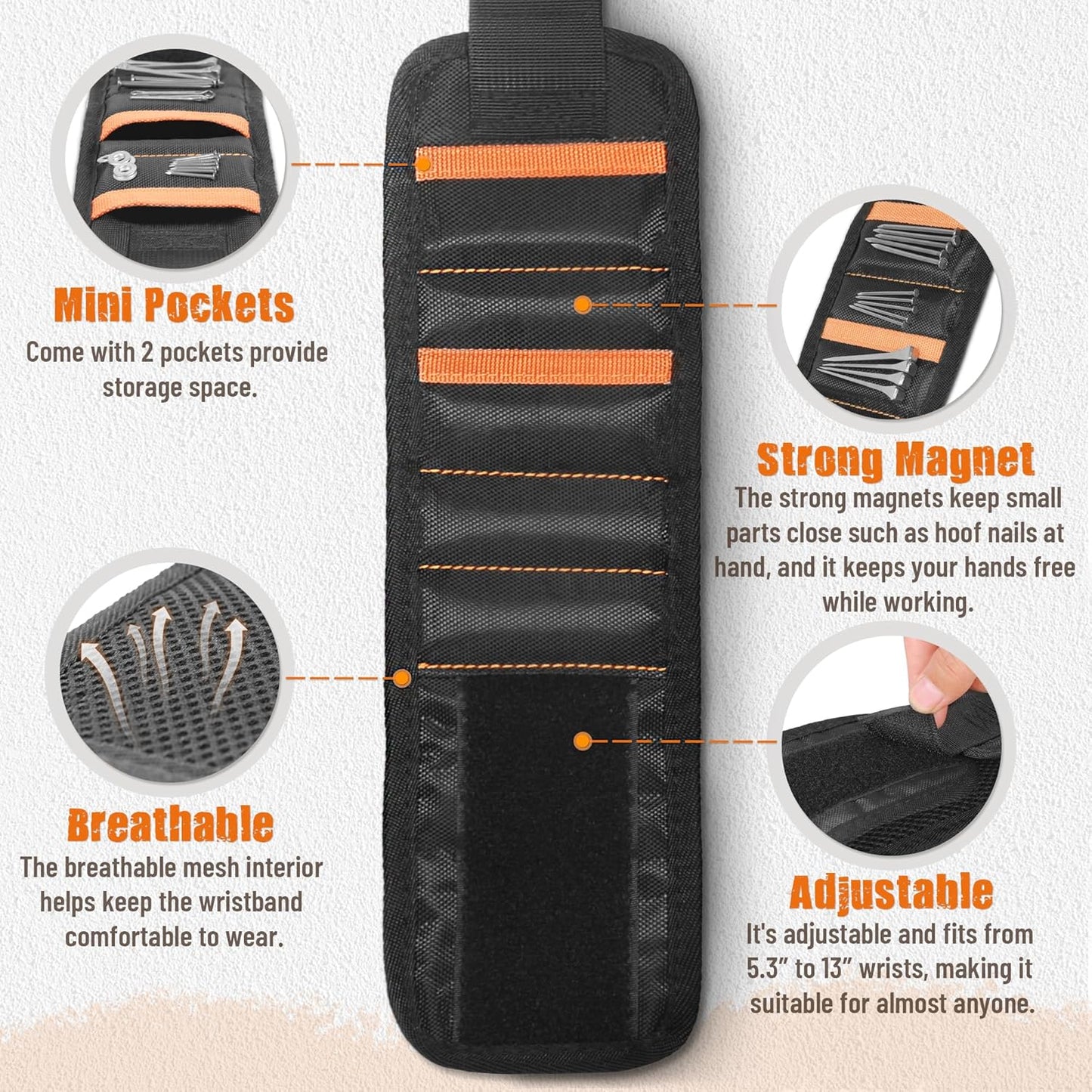 Antidious Magnetic Wrist Magnets for Holding Horseshoe Nails by Adjustable Using a Simple Hook and Loop Closure