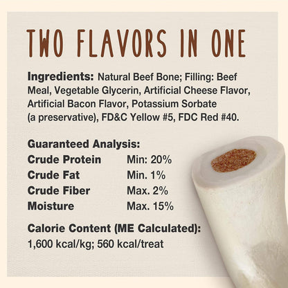 Cadet Stuffed Shin Bone, Long-Lasting Dog Chew Bones for Aggressive Chewers, High Protein Filled Bone Dental Chew for Dogs, Bacon & Cheese Flavor Filling, 5-6" for Large Dogs