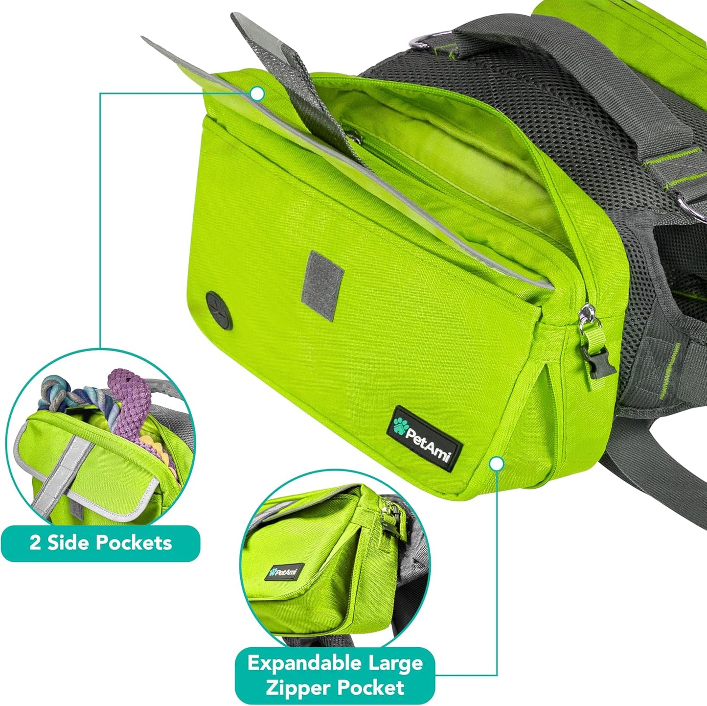 PetAmi Dog Backpack for Medium & Large Dogs, Saddle Bag for Dogs to Wear for Hiking, Pet Backpack Harness Dog Pack with Reflective Side Pockets for Walking Running