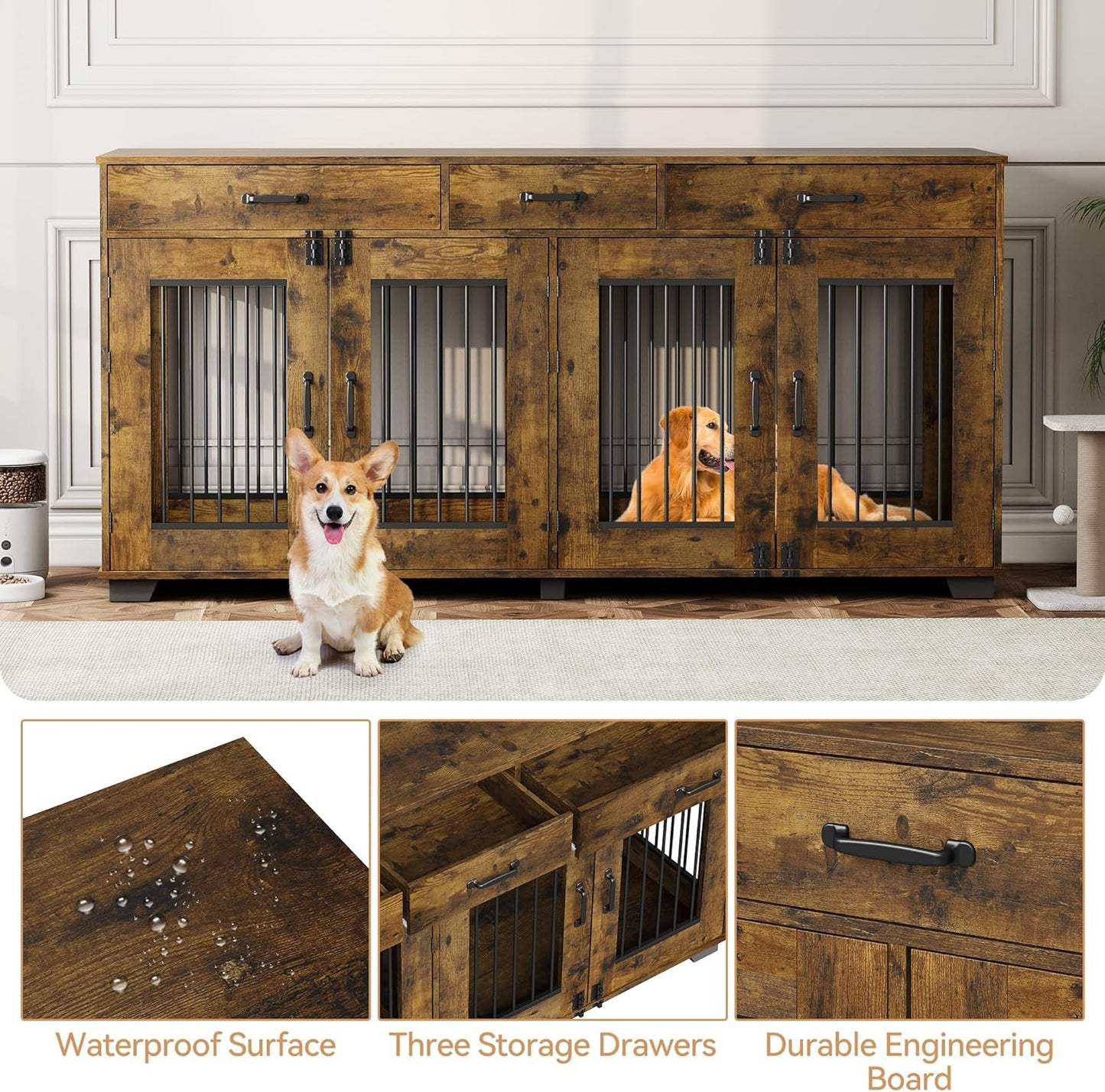 Dog Crate Furniture for 2 Dogs, 71" Large Double Dog Kennel with Removable Divider and 3 Drawers, Decorative TV Stand Side Table, Indoor Pet Cage House Rustic Brown