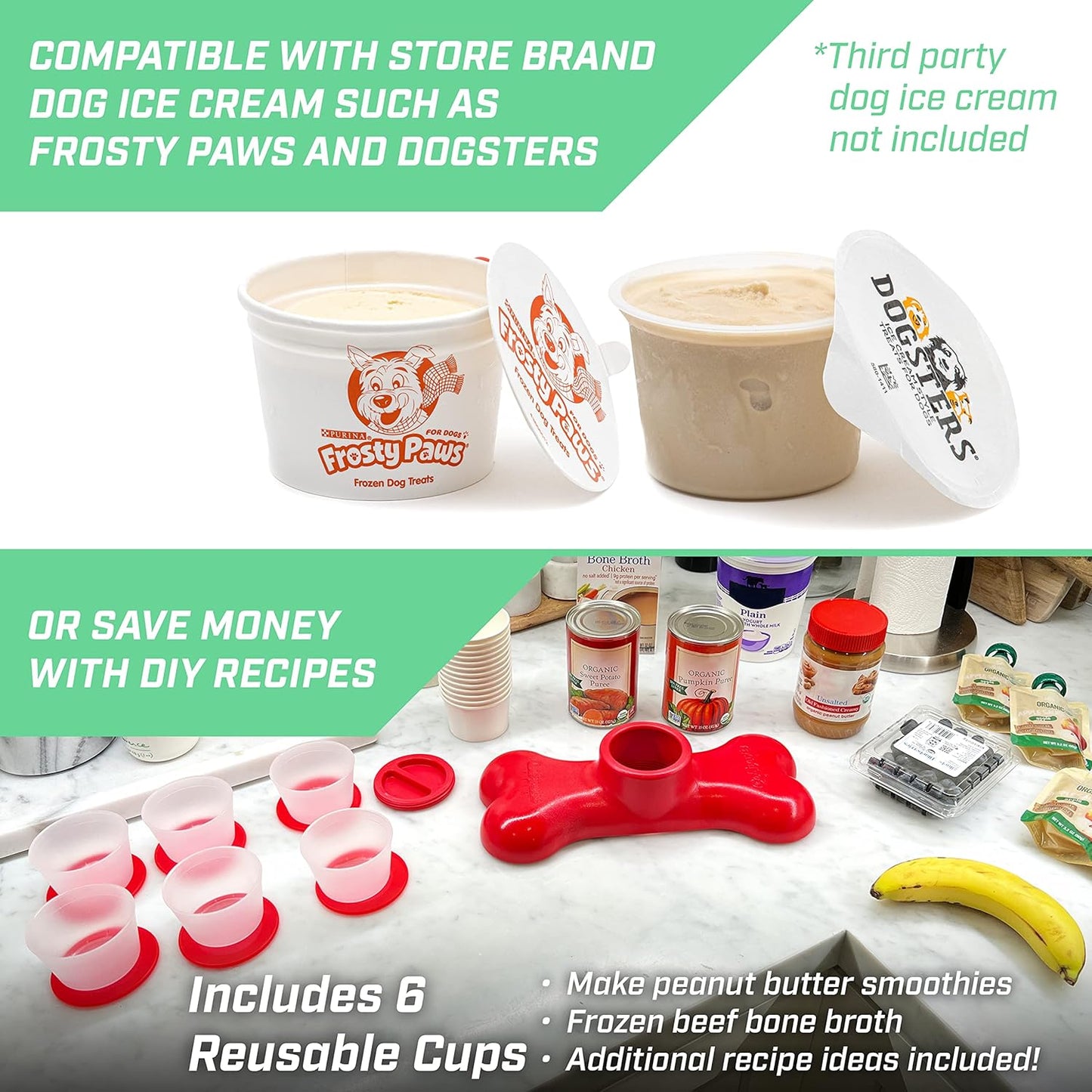 GoSports Pets PupsCream Parlor - Non-Slip Frozen Dog Treat & Ice Cream Holder - Mess-Free Lick Mat Alternative, Includes 6 Reusable Cups & Lids