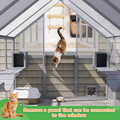 COZIWOW 110" Large Catio Outdoor Cat Enclosure, 53.5ft² Cat Run for Multiple Pets with Fully-Coverd Roof, Window Walk-in Wooden Outside Cattery Feral Kitty House (Modern Grey)