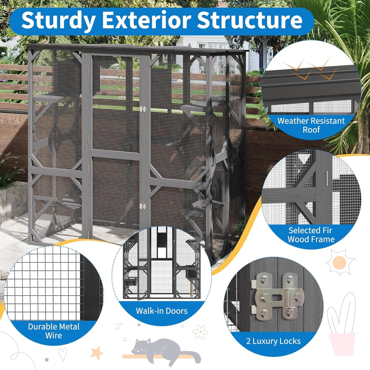 Large Walk-in Catio Outdoor, 70'' Wooden Window Access Cat Enclosure for Multiple Cats with Waterproof Roof, Feral Cat Shelter with Platforms, Hammock, Scratching Post and Rest Box Grey