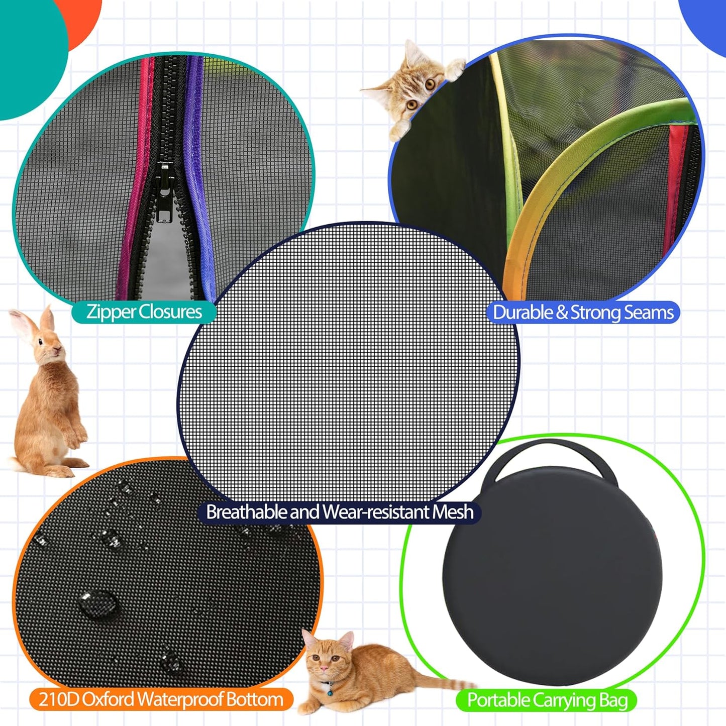 Outdoor Cat Enclosures, Portable Rainbow Catio Playground with Storage Bag & 4 Tent Stakes for Cats and Small Animals, Foldable Cat Playpen with Tunnel for Outside and Indoor Play
