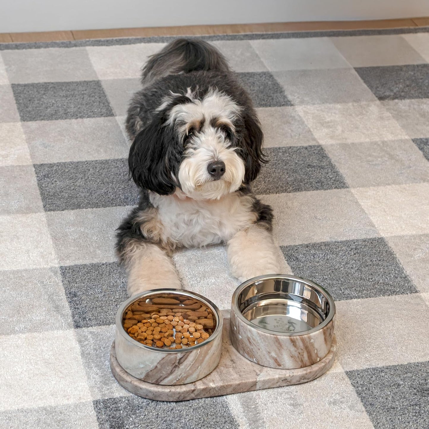 DBL1000E Marbre Small/Medium Modern Weighted Double Marble and Stainless Steel Bowl 12oz (1.5 Cups) Feeder with Non-Slip Marble Tray Set, Gray/Brown