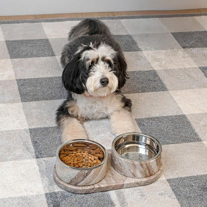 DBL1000E Marbre Small/Medium Modern Weighted Double Marble and Stainless Steel Bowl 12oz (1.5 Cups) Feeder with Non-Slip Marble Tray Set, Gray/Brown