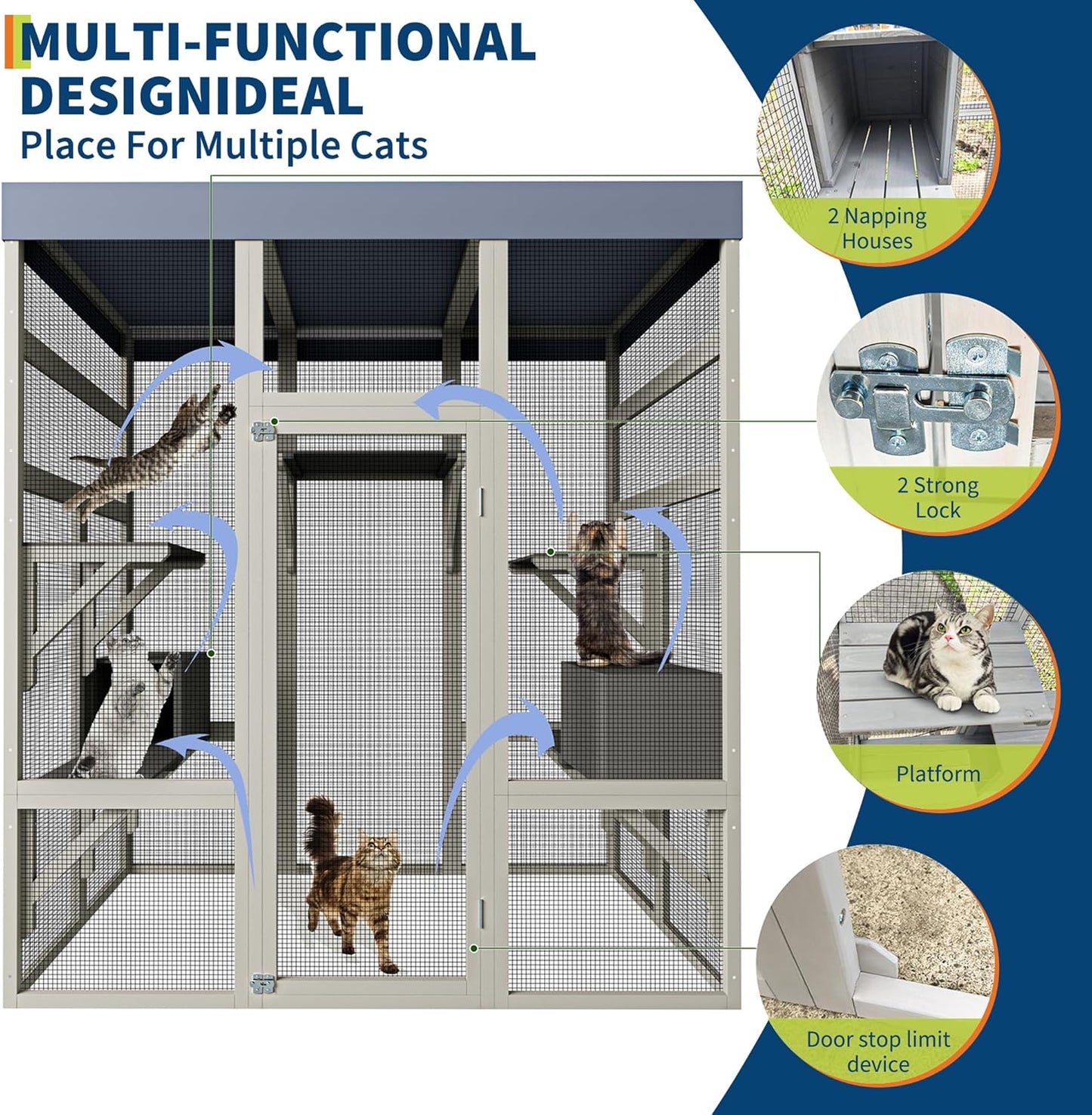 70'' Large Catio Outdoor Cat Enclosure with Perches and Condos, Wood Cat Patio with Waterproof Roof, Feral Cats Shelter 5 Platforms & 2 Resting Box, UV-Resistant Cover Roof