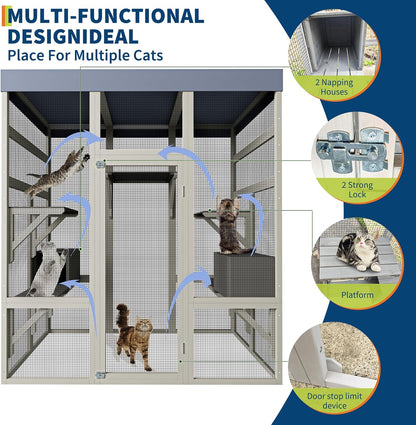 70'' Large Catio Outdoor Cat Enclosure with Perches and Condos, Wood Cat Patio with Waterproof Roof, Feral Cats Shelter 5 Platforms & 2 Resting Box, UV-Resistant Cover Roof
