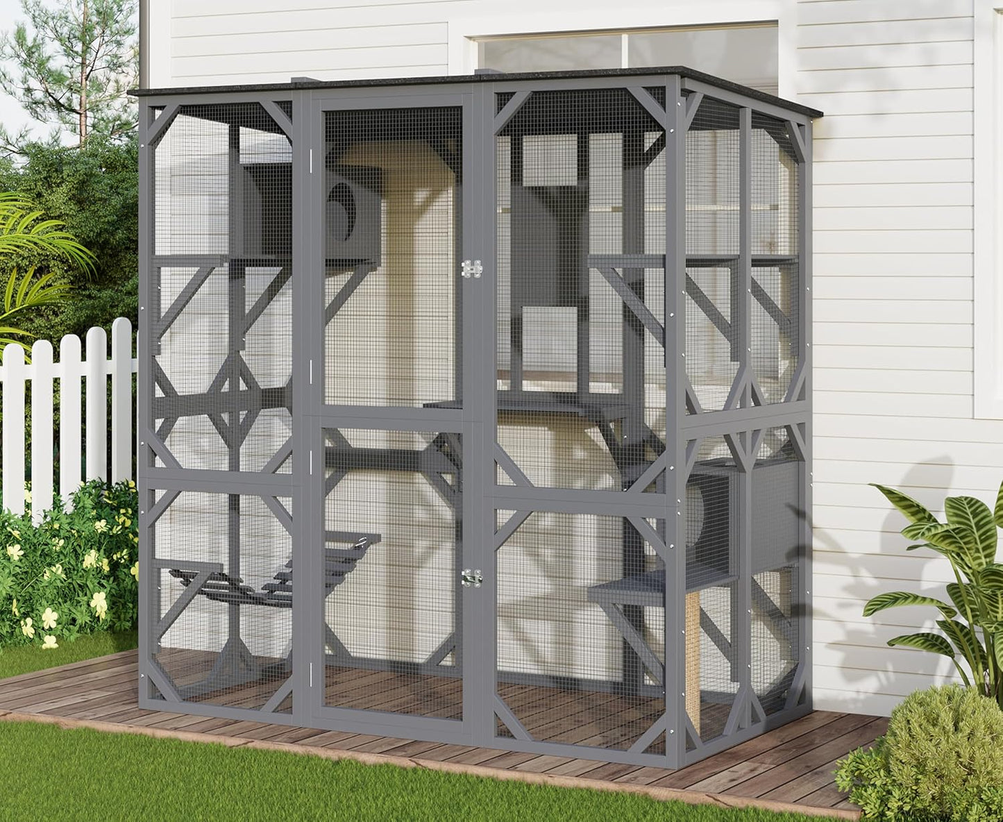 70" Catio Outdoor Cat Enclosure with Window, Waterproof Roof Cattery with Bridge and Scratching Post Outdoor Catio Enclosure,Grey