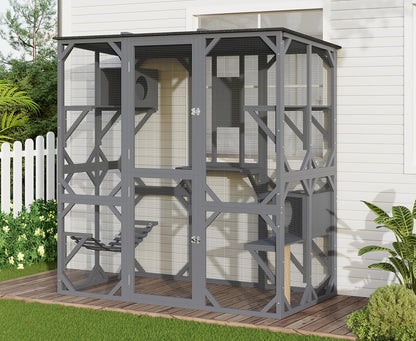 70" Catio Outdoor Cat Enclosure with Window, Waterproof Roof Cattery with Bridge and Scratching Post Outdoor Catio Enclosure,Grey