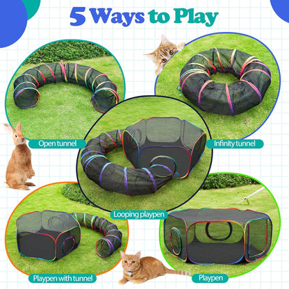 Outdoor Cat Enclosures, Portable Rainbow Catio Playground with Storage Bag & 4 Tent Stakes for Cats and Small Animals, Foldable Cat Playpen with Tunnel for Outside and Indoor Play