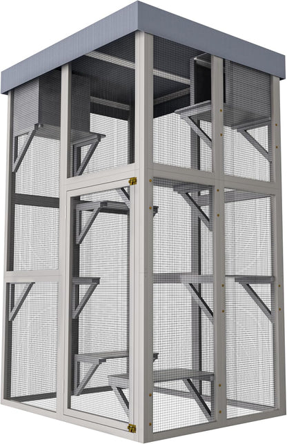 70.5" H Catio Outdoor Cat Enclosure,Cat House with Waterproof Roof and Large Enter Door,Wooden Shelter W/ 6 Jumping Platforms & 2 Napping Houses,Cats Cage for Walk in Kitten Kennel,Gray