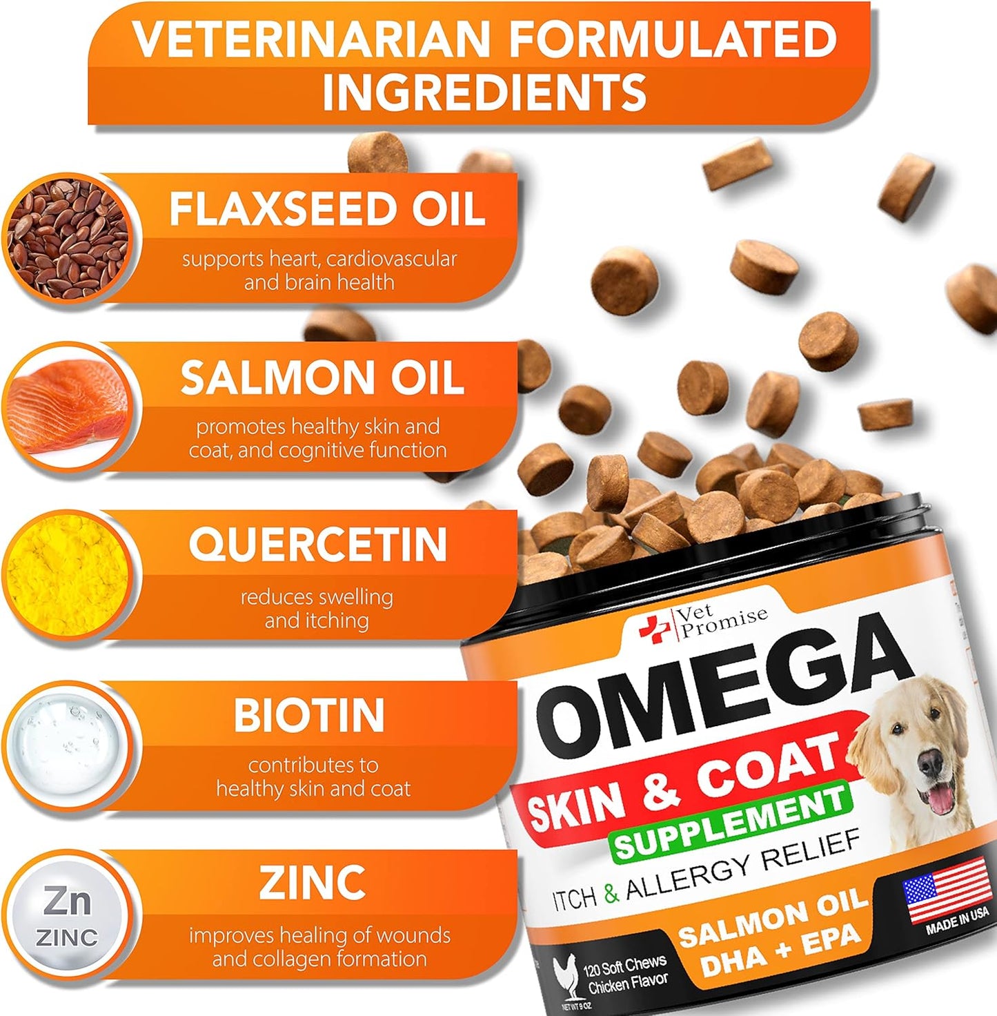 Omega 3 for Dogs - Skin and Coat Supplement - Fish Oil for Dogs Chews - Allergy and Itch Relief - Anti Shedding Supplement - Dry Skin Treatment - Salmon Oil - Made in USA - 120 Soft Treats