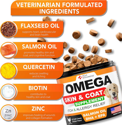 Omega 3 for Dogs - Skin and Coat Supplement - Fish Oil for Dogs Chews - Allergy and Itch Relief - Anti Shedding Supplement - Dry Skin Treatment - Salmon Oil - Made in USA - 120 Soft Treats