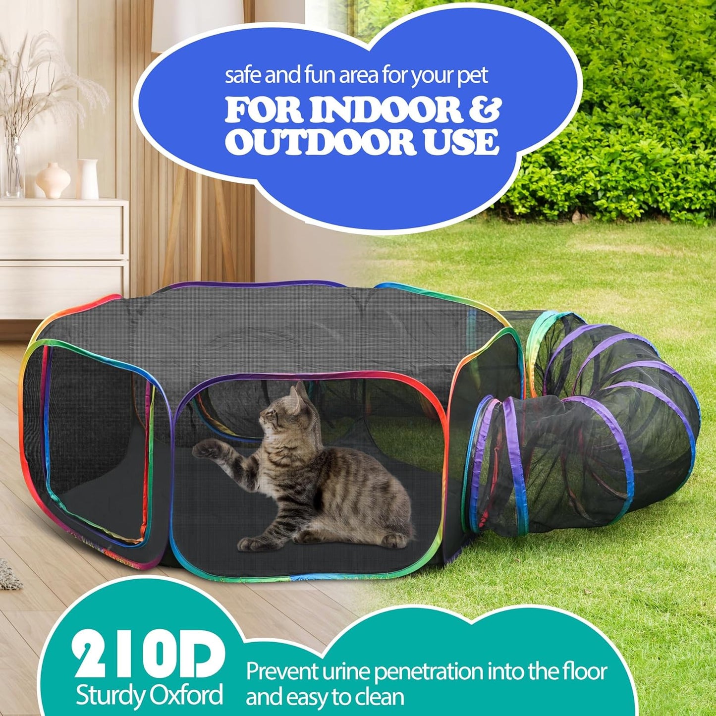 Outdoor Cat Enclosures, Portable Rainbow Catio Playground with Storage Bag & 4 Tent Stakes for Cats and Small Animals, Foldable Cat Playpen with Tunnel for Outside and Indoor Play