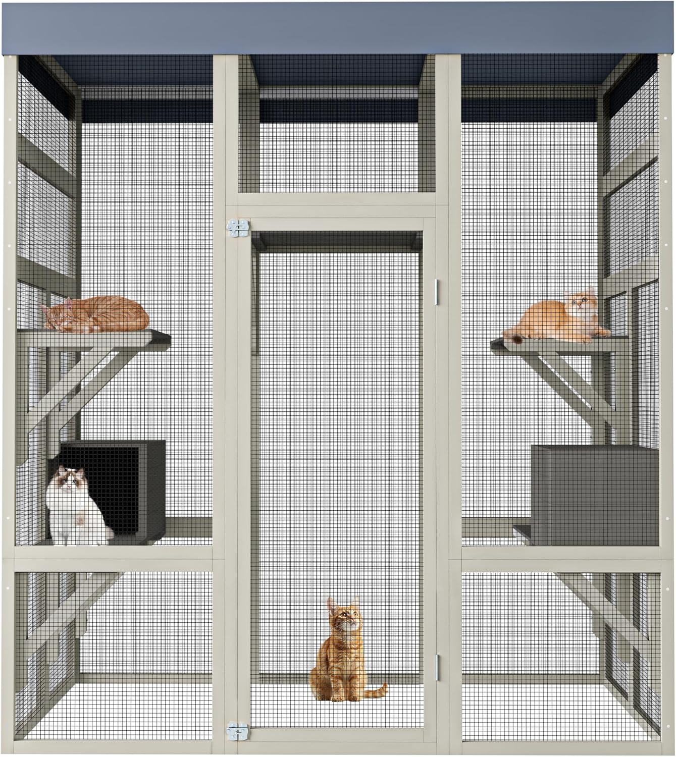 KEIKI 62.6" Outdoor Wooden Catio for Cats, Large Cat Shelter Enclosure with Platforms, Cat Houses with Secure Rust-Proof Wire and Upgrade, Waterproof CoverPet Cage for Patio or Backyard