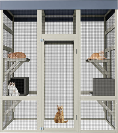 KEIKI 62.6" Outdoor Wooden Catio for Cats, Large Cat Shelter Enclosure with Platforms, Cat Houses with Secure Rust-Proof Wire and Upgrade, Waterproof CoverPet Cage for Patio or Backyard