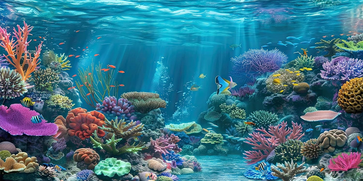 iTapnoom Ocean Floor Aquarium Background, Underwater Tropical Fish Coral Reef Aquatic Nature Plant Fish Tank Backdrop Decor, Polyester Fabric with 6 EVA Double-Sided Tapes 36x18 inches/90x45cm