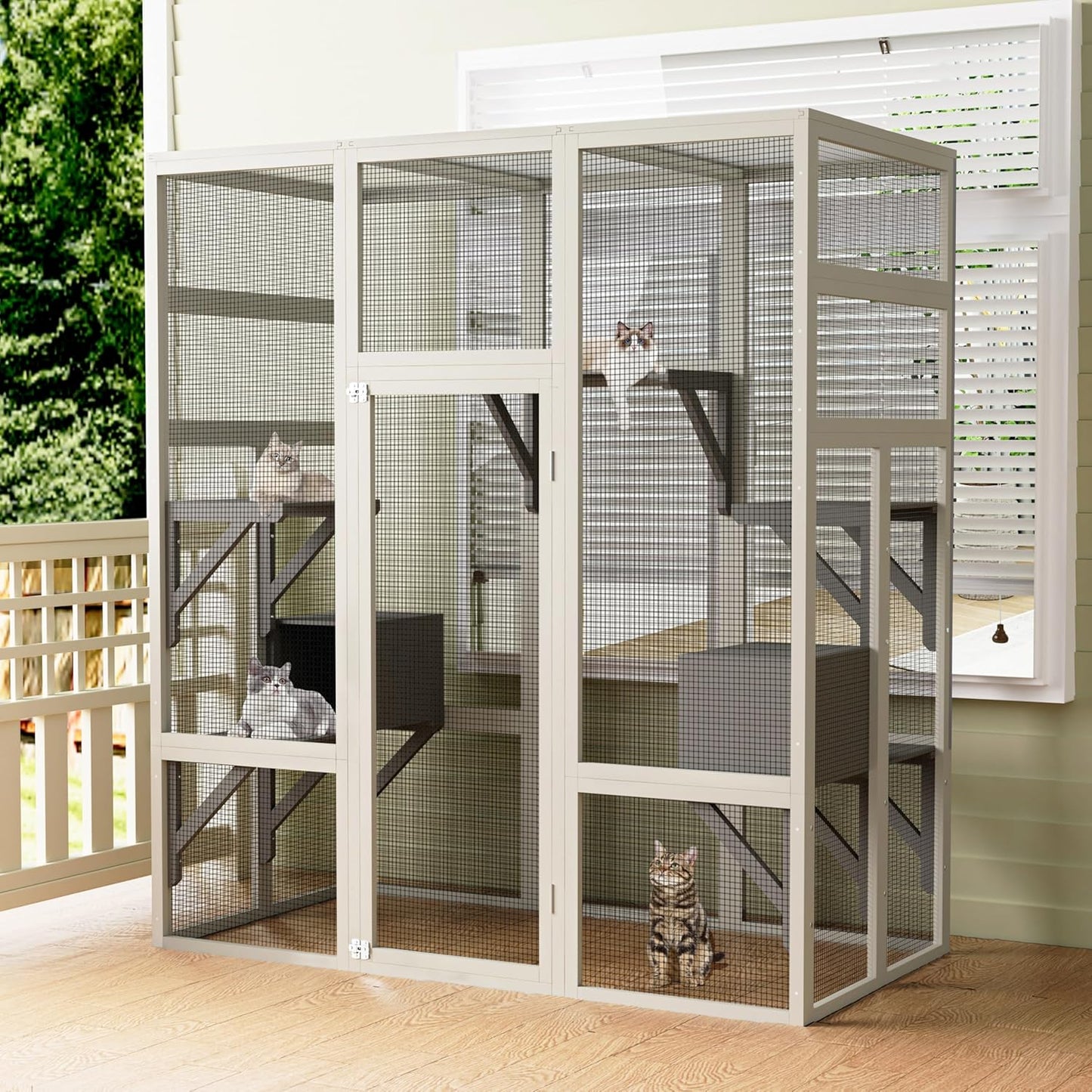 70'' Catio Outdoor Cat House, Cat Enclosure for Mulitiple Cats Large Walk in Catio with Waterproof Cover, Feral Cats Shelter with Platforms and 2 Resting Box